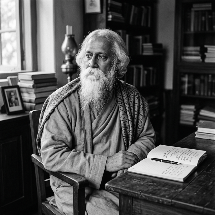 Elderly man with long white beard sitting at a wooden desk with an open notebook and pen in a study room filled with books